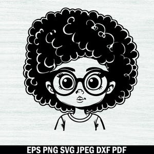 May include: Black and white illustration of a girl with curly hair wearing glasses. She is wearing a simple shirt and has a sweet expression on her face.