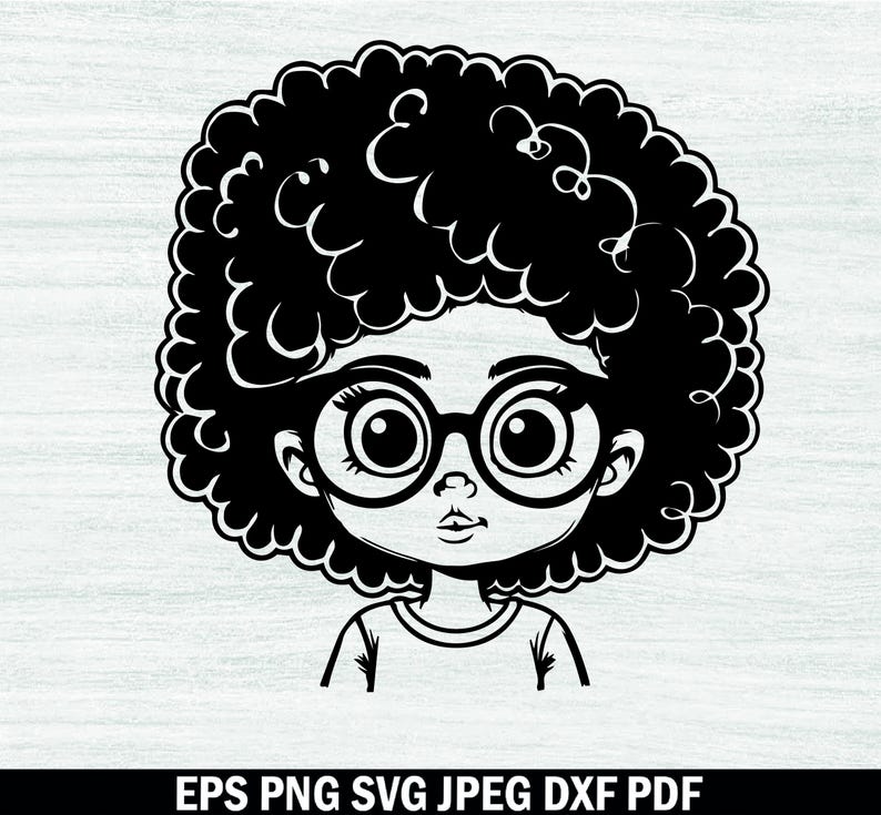 May include: Black and white illustration of a girl with curly hair wearing glasses. She is wearing a simple shirt and has a sweet expression on her face.