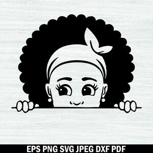 May include: Black and white illustration of a girl with curly hair peeking over a surface. She is wearing a headband and has a sweet expression on her face.
