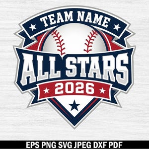 May include: A graphic design featuring a central baseball with red stitching, surrounded by navy blue and red banners. The text reads TEAM NAME, ALL STARS, and 2026. The design includes white stars and a shield-like shape with a navy blue border.