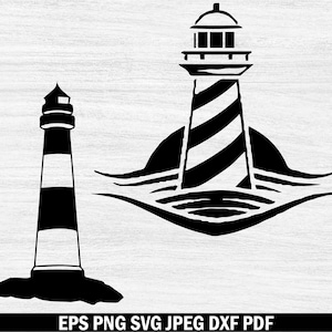 May include: Black and white silhouette of two lighthouses. One lighthouse is on a small island and the other is in the water with waves.