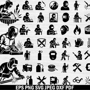 May include: A collection of black and white welder-themed graphics. The images include welders in action, welding tools, safety equipment, and related symbols. The text at the bottom reads "EPS PNG SVG JPEG DXF PDF".
