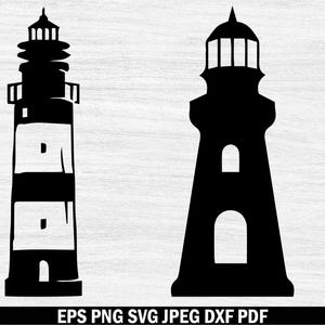 May include: Two black silhouette images of lighthouses. The lighthouse on the left has a more detailed design with a series of windows and a pointed roof. The lighthouse on the right has a simpler design with a single window and a rounded roof.