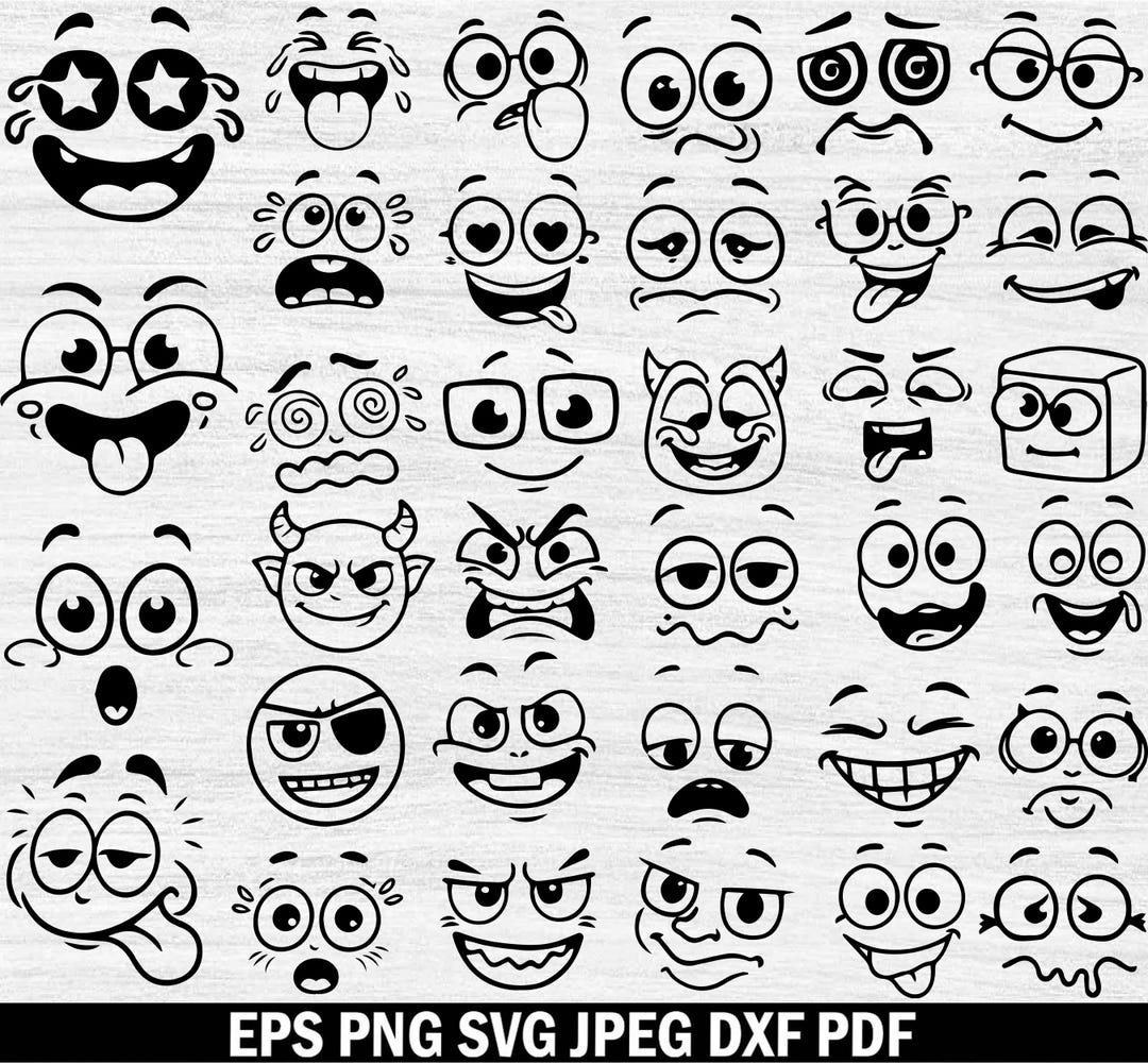 Cartoon Emotion Faces Svg Bundle, Kawaii Face Svg, Cute Funny Face Svg ...