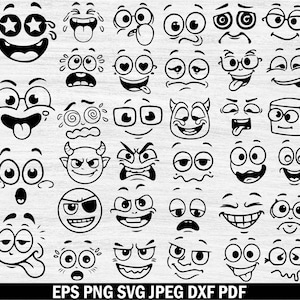 May include: A selection of cartoon face expressions in black and white. The faces show a range of emotions, such as happiness, anger, and surprise. The image includes the text "EPS PNG SVG JPEG DXF PDF".