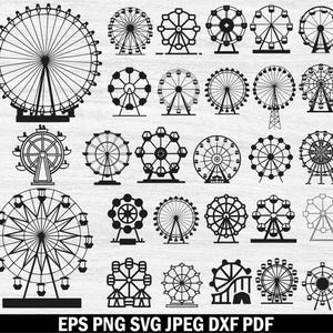 以下が含まれることがあります： 様々なデザインの観覧車の白黒イラストのコレクション。シンプルなアウトラインから詳細な表現まで、様々なスタイルの観覧車が描かれており、グラフィックデザインプロジェクトに適しています。