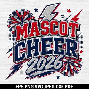 Może przedstawiać: Projekt graficzny z napisem MASCOT CHEER 2026 w kolorze czerwonym, granatowym i srebrnym brokacie. Projekt zawiera czerwono-biało-granatowe pompony, kształty błyskawic i małe gwiazdki, ułożone w wyrazistą, warstwową kompozycję.