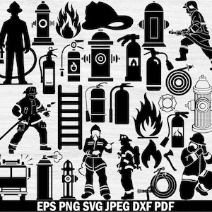 Puede incluir: Una colección de gráficos vectoriales en blanco y negro con temática de bomberos. Incluye siluetas de bomberos, camiones de bomberos, bocas de incendio, llamas, extintores, una escalera y una manguera contra incendios. El texto "EPS PNG SVG JPEG DXF PDF" está en la parte inferior.