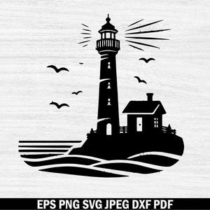 May include: Black silhouette of a lighthouse with a small house on a rocky island. The lighthouse has a beam of light shining from the top. The island is surrounded by waves.