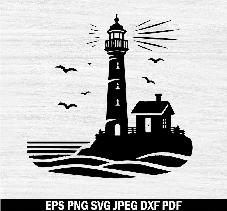 May include: Black silhouette of a lighthouse with a small house on a rocky island. The lighthouse has a beam of light shining from the top. The island is surrounded by waves.