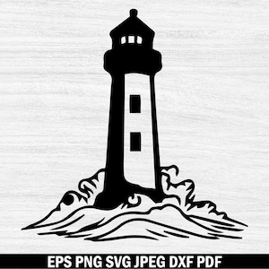 May include: Black and white silhouette of a lighthouse standing on a rocky shore with waves crashing around it.