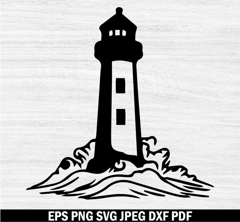 May include: Black and white silhouette of a lighthouse standing on a rocky shore with waves crashing around it.