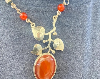 Sterling Silber Halskette mit rotem Karneol und Blättern - Vintage handgemachter Schmuck - natürlicher Edelstein Anhänger - Geschenk für Sie