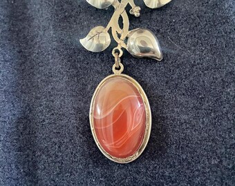 Sterling Silber Halskette mit rotem Karneol und Blättern - Vintage handgemachter Schmuck - natürlicher Edelstein Anhänger - Geschenk für Sie