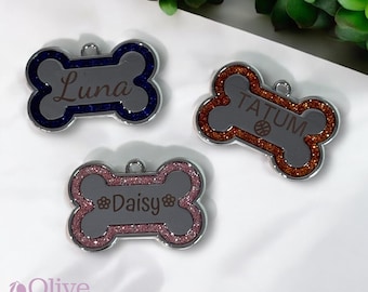 Custom Engraved Sparkly Dog Bone Tag - Personalized Pet ID Charm
