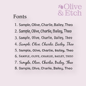 May include: A list of eight different fonts, labeled 1 through 8, with the names "Sample, Olive, Charlie, Bailey, Theo" in each font. The text "Fonts" is at the top of the list, and the text "Olive & Etch" is at the top right of the image.