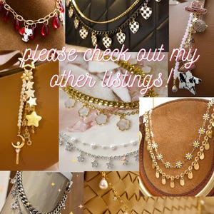May include: A collage of various decorative bag charms and layered chains featuring gold and silver-tone metal links, pearl beads, star-shaped charms, heart-shaped checkerboard patterns, flower motifs, and miniature figurines attached to handbags.