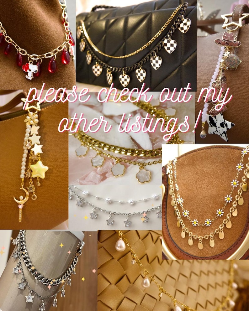 May include: A collage of various decorative bag charms and layered chains featuring gold and silver-tone metal links, pearl beads, star-shaped charms, heart-shaped checkerboard patterns, flower motifs, and miniature figurines attached to handbags.