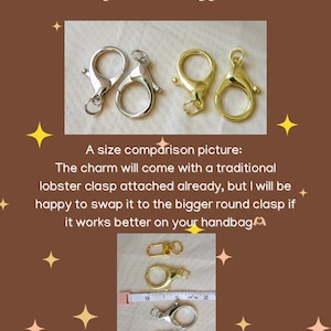 May include: A collection of metal lobster clasps and round clasps in silver and gold tones. One image shows a size comparison of the clasps next to a measuring tape, with the tape clearly showing measurements in inches for the various metal hardware pieces.