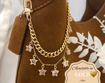 Star bag charm, star charms, star bag strap, star accessory, gold star, layered chains, bag accessory, cuban link accessory