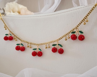 Cherry bag charm, bag chain, bag strap, rhinestones, bling bling