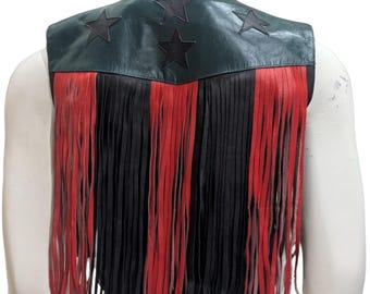 Genuine Leather Fringe Vest - Unisex Western Wear - Festival Boho Chic - Cowboy Party Wear - Patriotic Festival Outfit - Rockstar Party Vest