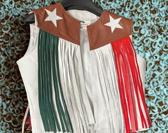 Genuine Leather Fringe Vest - Unisex Western Wear - Festival Boho Chic - Cowboy Party Wear - Patriotic Festival Outfit - Rockstar Party Vest