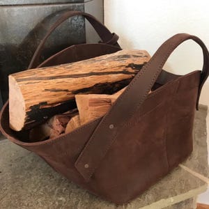 Leather Log Carrier, Leather Tool Carrier, Tool Carrier, Fireplace Log Holder, Leather Firewood Basket, Living Room Accessory, Leather Gift