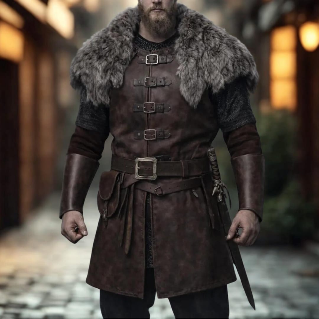 Viking Leather Armor Vest With Fur Collar, Medieval Warrior Tunic ...