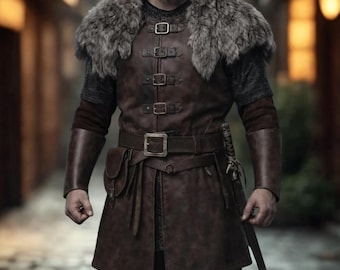 May include: A brown leather tunic with a fur collar, featuring multiple buckles and a belt. The outfit includes matching leather arm cuffs and a sheath with a sword. The style evokes a medieval or Viking aesthetic.