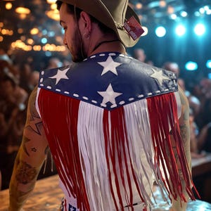 Veste en cuir personnalisée avec drapeau américain à franges, style occidental unisexe, cuir véritable fait main, tenue de fête patriotique, toutes les tailles disponibles