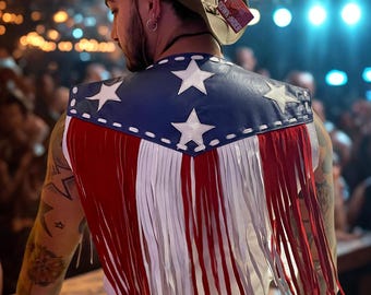 Customized American Flag Leather Fringe Vest, Unisex Western Style, Handmade Genuine Leather, Patriotic Festival Wear, All Sizes Available