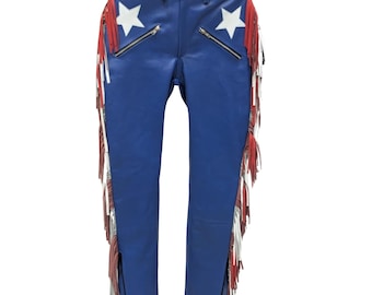 American Flag Leather Fringe Pants: Unisex Festival Outfit