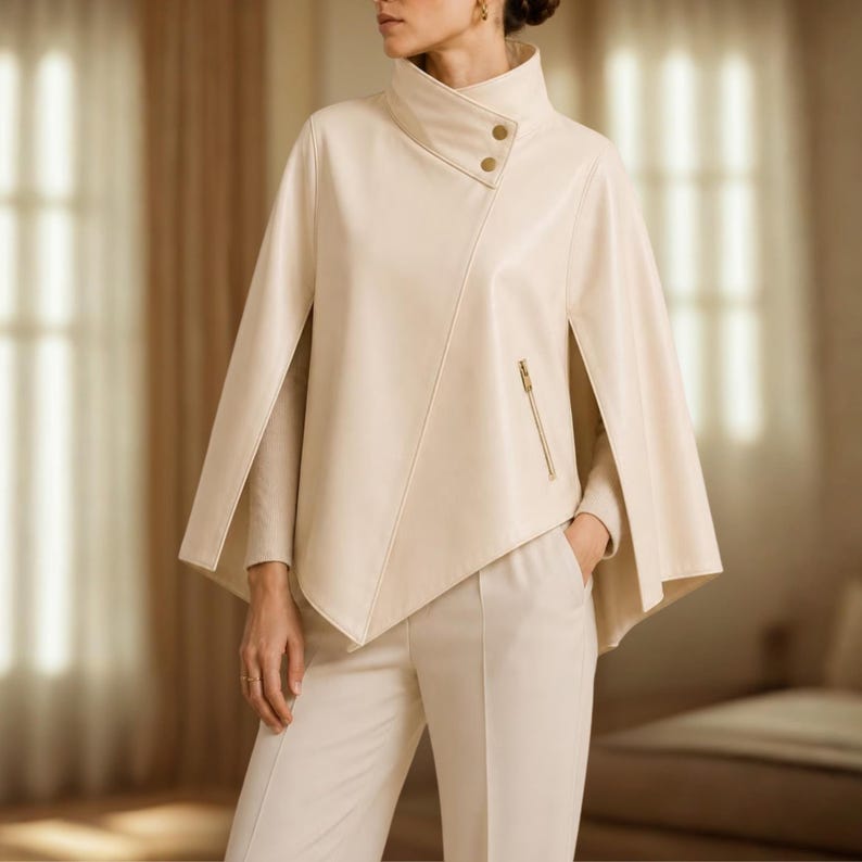 May include: An off-white cape-style jacket featuring a high collar with two gold-toned buttons, an asymmetrical front closure, and a single vertical zippered pocket on the left side. The garment has wide, open arm slits and a smooth, structured finish.