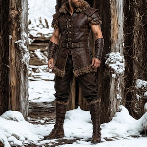 May include: A brown leather vest featuring a fur-lined collar, shoulder caps, and multiple front buckles. The outfit includes matching leather bracers, dark trousers, and tall, lace-up leather boots with fur trim at the top and bottom edges.