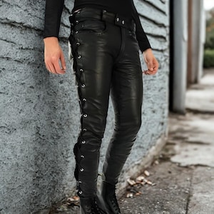 Men's Black Leather Lace-Up Pants, Genuine Leather Trousers, Vintage Biker Style, High-Waisted Slim Fit, All Sizes Available, Gift For Men's