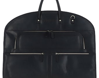 Personalized Black Leather Suit Carrier: Handmade Garment Travel Bag