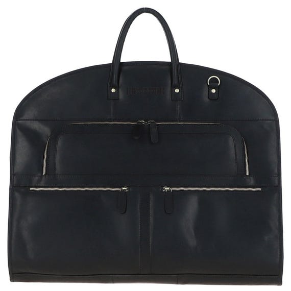 Personalized Black Leather Suit Carrier: Handmade Garment Travel Bag