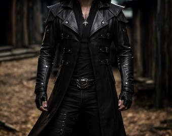 Men's Black Leather Hooded Trench Coat, Gothic Assassin Style Jacket