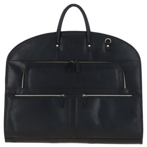 K&ouml;nnte beinhalten: Schwarze Leder-Kleidertasche mit mehreren Rei&szlig;verschlusstaschen und einem oberen Griff.
