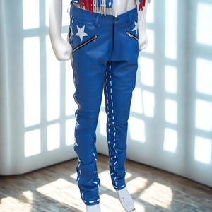 American Flag Leather Pants – Blue High Waist Unisex Pants with Stars  & Red White Fringe  on back – Custom Festival Rodeo Party Outfit