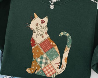 Chemise chat en patchwork, sweat-shirt chaton calicot, graphique cottagecore, col rond imitation matelassé, chemise de style vintage