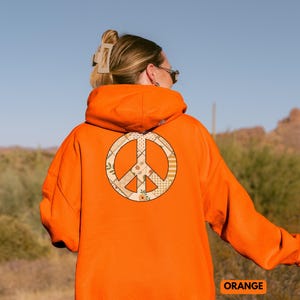 Patchwork Peace Sign Hoodie, Back Print Hoodie, Boho Quilt Style Sweatshirt, Retro Hippie Graphic Pullover