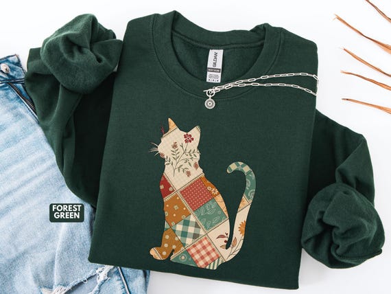 Patchwork Cat Shirt, Calico Kitten Sweatshirt, Cottagecore Graphic, Oversized Quilted Crewneck, Vintage Style Shirt