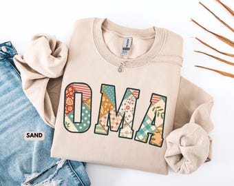Oma Sweatshirt, Faux Patchwork Gift, Gingham Granny Gift, Mothers Day Gift for Grandma, Plaid Letters Gran Sweatshirt