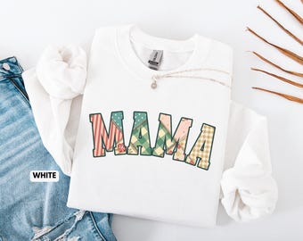 Mama Sweatshirt, Faux Patchwork Gift, Gingham Mama Gift, Mothers Day Gift for Mama, Plaid Letters Mom Sweatshirt