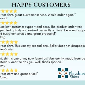 May include: A light blue graphic display titled HAPPY CUSTOMERS featuring five customer reviews with five-star ratings. Each review includes text from customers named Brandi, Greg, Stephanie, Anna, and Connor, with the Playshire Shirts logo at the bottom.