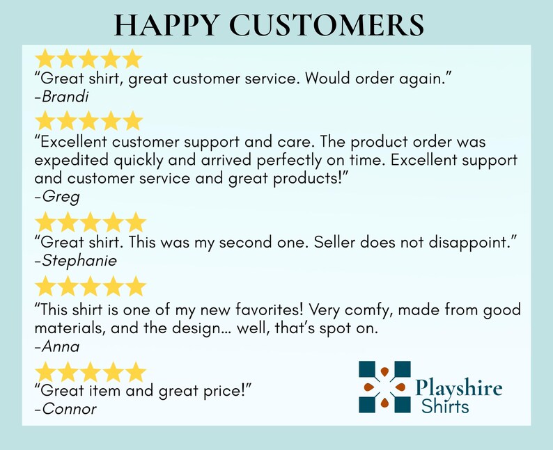 May include: A light blue graphic display titled HAPPY CUSTOMERS featuring five customer reviews with five-star ratings. Each review includes text from customers named Brandi, Greg, Stephanie, Anna, and Connor, with the Playshire Shirts logo at the bottom.