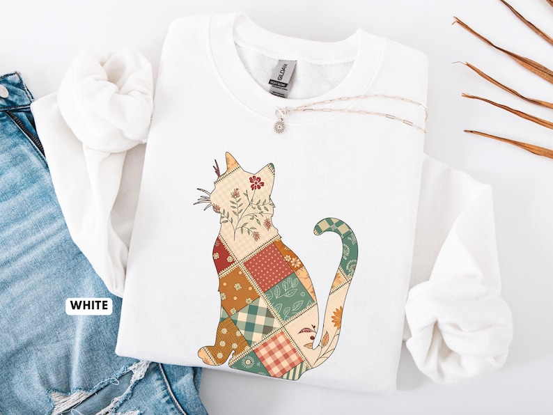 Patchwork Cat Shirt, Calico Kitten Sweatshirt, Cottagecore Graphic, Faux Quilted Crewneck, Vintage Style Shirt White