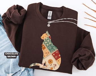 Chemise chat en patchwork, sweat-shirt chaton matelassé, graphique cottagecore, col rond oversize, chemise chat rétro